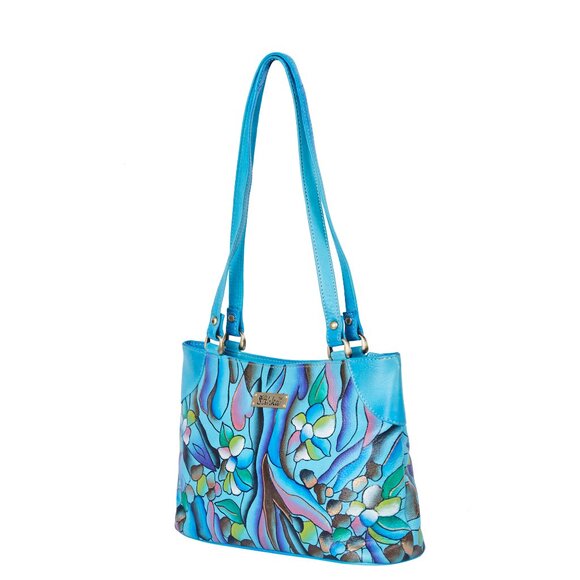 Hand-Painted Aqua Blue Abstract Artwork Ladies Leather Shoulder Tote Bag - Picture 3 of 7
